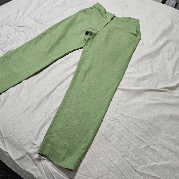 MNG Linen Tailored Pants Flat Front Green Straight Ciggarette Leg Womens Small - Picture 4 of 15